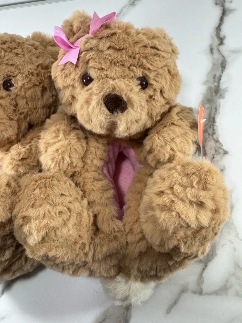 3D Teddy Bear Plush Brown Pink Bow Toddler, Little & Big Girls Cute Slippers